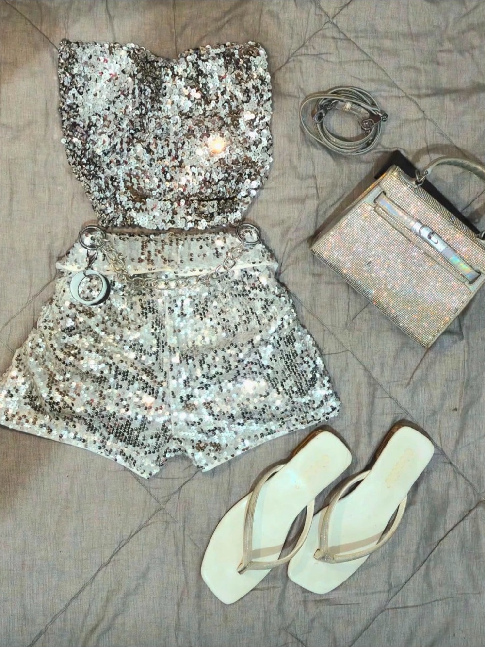Sequin High-Waist Shorts — Silver Sparkle